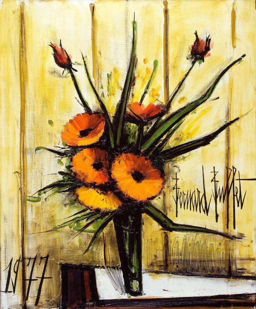Bouquet de soucis dans un verre, 1977, Huile sur toile, 65x54cm, Collection Fonds de Dotation Bernard Buffet, Paris, © ADAGP, Paris 2026